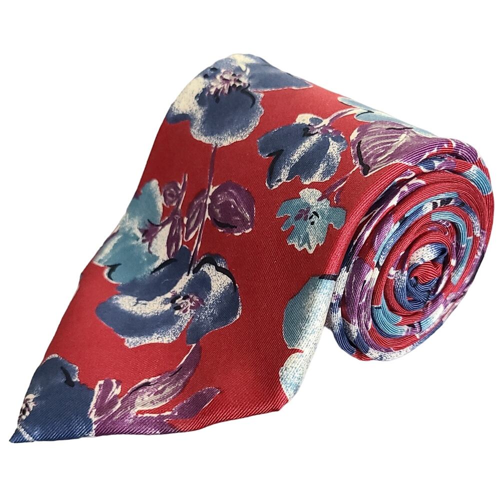 Clayborne Red Oversized Floral Print Silk Necktie Handmade 56x4